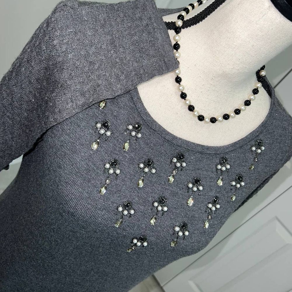 Ann Taylor Gray Sweater Dress with Embellished Chest Design - MT View 5